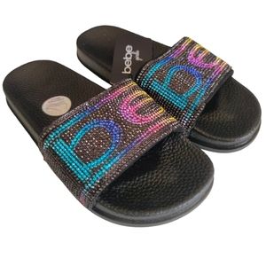 Bebe Girls Black Multicolored Rhinestone Logo Slides, Size Large (2/3)